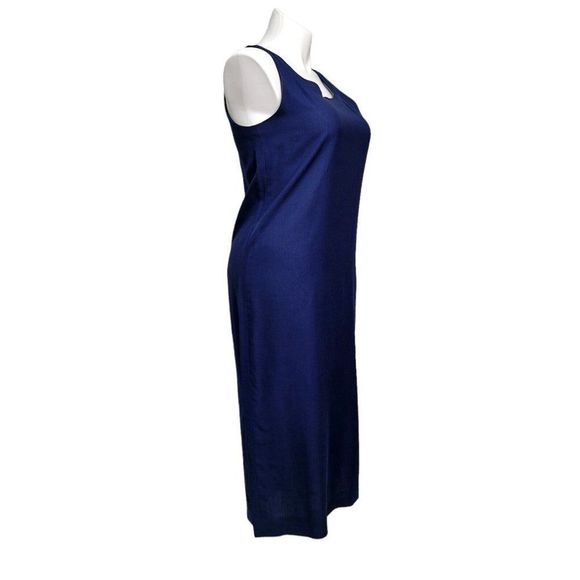Vintage 80s Albert Nipon Womens Navy Blue Linen Tank Midi Dress Side Seam Button - Picture 5 of 8